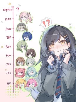 Rule 34 | !?, 1other, 6+girls, ?, akiyama mizuki, azusawa kohane, black hair, black jacket, blonde hair, blue eyes, blue hair, blue necktie, blush, braid, braided bangs, brown hair, chibi, chibi inset, closed eyes, collared shirt, commentary, diagonal-striped clothes, diagonal-striped necktie, dress shirt, english commentary, gradient hair, green eyes, green hair, grey eyes, grey hair, grey hat, hair ornament, hairclip, hanasato minori, hat, heart, highres, hinomori shiho, hinomori shizuku, holding, holding own hair, jacket, kamiyama high school uniform (project sekai), kiritani haruka, kiss meter (meme), kusanagi nene, long hair, long sleeves, low-tied sidelocks, meme, momoi airi, multicolored hair, multiple girls, necktie, ootori emu, open clothes, open jacket, parallel hairclips, phynolcrystal, pink eyes, pink hair, project sekai, school uniform, shinonome ena, shiraishi an, shirt, short hair, side braid, sidelocks, spoken interrobang, star (symbol), striped clothes, tenma saki, twintails, two side up, v, yellow eyes