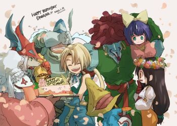 1other 3girls 4boys adelbert_steiner amarant_coral aqua_eyes aqua_vest armor bare_shoulders beard belt birthday_cake black_choker black_mage_(final_fantasy) blonde_hair blue_coat blue_hair blue_pants blue_skin blue_wrist_cuffs bow brown_eyes brown_gloves brown_hair burmecian cake cat_tail character_name chef_hat choker clenched_teeth closed_eyes closed_mouth coat colored_skin cropped_vest crying dated dreadlocks earrings facial_hair falling_petals final_fantasy final_fantasy_ix flower food freya_crescent garnet_til_alexandros_xvii gloves green_pants green_vest grey_gloves grey_hair hair_bow hair_ornament hair_over_eyes hairclip hand_to_own_mouth happy_birthday hat hat_feather head_wreath helmet holding holding_flower hoop_earrings horns jewelry juliet_sleeves long_hair long_sleeves looking_at_another low-tied_long_hair mouse_girl multiple_boys multiple_girls open_mouth orange_flower pants parted_bangs petals pink_coat pink_sweater plate_armor puffy_sleeves quina_quen red_belt red_gloves red_hair red_helmet shirt shoulder_tattoo single_horn smile streaming_tears sweater tail takase_toho tattoo tears teeth tongue tongue_out twintails twitter_username upper_body vest vivi_ornitier white_shirt winged_helmet wiping_tears wizard_hat wrist_cuffs yellow_bow yellow_eyes zidane_tribal