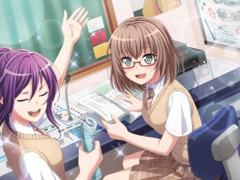 2girls arm_up arrow_(symbol) bang_dream! bang_dream!_girls_band_party! bob_cut book brown_hair brown_necktie brown_skirt chair closed_eyes collared_shirt desk diffraction_spikes glasses green_eyes hair_between_eyes holding holding_paper indoors long_hair looking_at_viewer looking_to_the_side microphone multiple_girls necktie office_chair official_art on_chair open_book open_mouth paper plaid_clothes plaid_skirt pleated_skirt ponytail poster_(object) purple_hair rectangular_eyewear red-framed_eyewear rolled-up_paper school_uniform semi-rimless_eyewear seta_kaoru shirt short_hair short_sleeves sitting skirt smile sparkle studio sweater_vest swivel_chair teeth under-rim_eyewear upper_teeth_only white_shirt whiteboard window yamato_maya yellow_sweater_vest