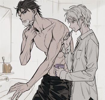 Rule 34 | 2boys, abs, bathroom, bite mark, bite mark on neck, brown hair, brushing teeth, commentary request, cup, expressionless, hijiyama takatoshi (2188), juusan kihei bouei ken, koto (gamelife506), looking at another, male focus, mirror, mug, multiple boys, muscular, muscular male, okino tsukasa (2188), shaving, shaving beard, shaving cream, shirt, short hair, sink, topless male, white hair, white shirt, yaoi