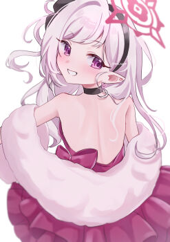 1girl :d absurdres artist_name bare_back bare_shoulders blue_archive blush dress earrings floating_hair from_behind fur- fur_shawl hairband halo head_tilt highres jewelry long_hair looking_at_viewer looking_back moe_nayo mutsuki_(blue_archive) mutsuki_(dress)_(blue_archive) official_alternate_costume open_mouth pointy_ears purple_eyes red_dress red_halo shawl single_earring single_sidelock sleeveless sleeveless_dress smile solo strapless strapless_dress teeth white_background white_hair