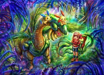 gen_3_pokemon grovyle jungle kiwakiwa may_(pokemon) minun nature nintendo plusle pokemon pokemon_(creature) tree tropius