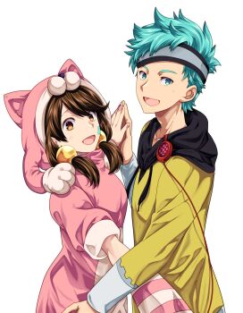 1boy 1girl adam&#039;s_apple aizaki_momo animal_costume anonymous;code blue_eyes blue_hair breasts cat_costume dress highres hood hooded_sweater ikuhashi_muiko looking_at_viewer onesie open_mouth science_adventure small_breasts smile striped_sleeves sweater sweater_dress takaoka_pollon tongue white_background