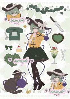 Rule 34 | 1girl, black cat, black hat, black pantyhose, black shoes, bow, cake, cat, chibi, food, frilled skirt, frills, full body, glass, green bow, green eyes, green hair, green skirt, hat, hat bow, hat ribbon, highres, holding, holding phone, iwakoo, knife, komeiji koishi, looking at viewer, medium hair, multiple views, own hands together, pantyhose, phone, puffy sleeves, ribbon, shirt, shoes, skirt, spoon, star (symbol), third eye, touhou, upper body, white bow, yellow shirt