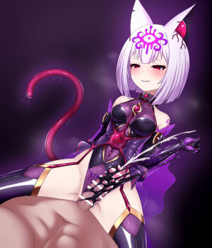 1boy 1girl animal_ears bar_censor bare_shoulders black_gloves black_leotard blush bob_cut bodysuit boots breasts censored chest_jewel clothed_female_nude_male collar commentary_request corruption covered_erect_nipples covered_navel cowgirl_position cum dark_persona ejaculation elbow_gloves entenca erection evil_smile femdom forehead_ui garter_straps gem girl_on_top gloves gradient_background grin half-closed_eyes hetero highleg highleg_leotard highres holding jewelry latex leotard living_clothes medium_breasts navel non-pubic_inmon nude original parted_lips penis pubic_tattoo pubic_tattoo_visible_through_clothes purple_background purple_gloves purple_hair raised_inner_eyebrows red_eyes restrained see-through_clothes shiny_clothes short_hair simple_background skin_tight slime_(substance) small_breasts smile solo_focus spread_legs straddling tail tamane_(entenca) tattoo thigh_boots thighhighs white_hair