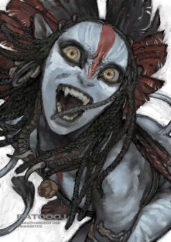 1girl alien avatar:_fire_and_ash batooo_j black_hair blue_skin colored_skin commentary english_text james_cameron's_avatar looking_at_viewer na'vi open_mouth pointy_ears solo tail varang yellow_eyes