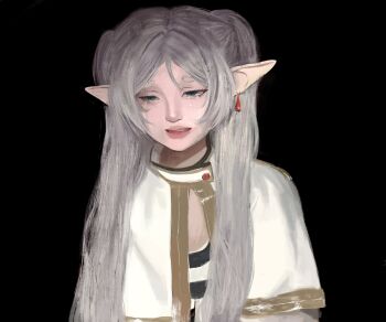 Rule 34 | 1girl, black background, capelet, commentary, earrings, english commentary, frieren, green eyes, grey hair, highres, jewelry, lips, long hair, looking down, middle part, nose, parted bangs, parted lips, pointy ears, rava miyagi, realistic, short eyebrows, simple background, solo, sousou no frieren, striped clothes, teardrop earrings, tears, teeth, thick eyebrows, twintails, upper body, white capelet