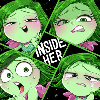 blush colored_skin disgust_(inside_out) disney green_eyes green_hair green_skin inside_out lips pixar scarf sweat tears