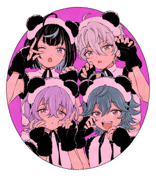 4boys :o ahoge animal_ears behind_another black_gloves black_hair blue_hair blue_streaks bob_cut border commentary crossed_bangs ensemble_stars! eyelashes fang gloves grey_eyes hair_between_eyes hanamura_fuyume hojo_raika index_finger_raised light_blush looking_at_viewer male_focus medium_hair moi_658 multiple_boys natsu_kanna open_mouth panda_ears paw_pose pink_background portrait purple_eyes purple_hair red_eyes round_border sagiri_esu shirt short_hair special_for_princess!_(ensemble_stars!) spiked_hair symbol-only_commentary upper_body v white_border white_hair white_shirt