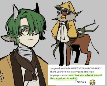 1boy animal_ears bell centaur commentary cow_boy cow_ears cowbell distortion_(project_moon) dongrang_(project_moon) e.g.o_(project_moon) farmwatch_(e.g.o) full_body glasses green_hair grey_background hanbok hcorpkareshi horns jacket korean_clothes limbus_company multiple_views project_moon simple_background taur white_hanbok yellow_jacket