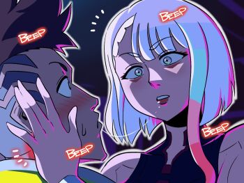 1boy 1girl after_kiss bedroom blush brown_hair coat cyberpunk cyberpunk_(series) cyberpunk:_edgerunners david_martinez english_text eyeshadow hand_on_another's_cheek hand_on_another's_face hand_on_another's_head highres lipstick lucy_(cyberpunk) makeup mohawk saliva saliva_trail short_hair sleeveless sleeveless_turtleneck tina_fate turtleneck white_hair