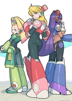 3girls alia_(mega_man) android armor ass black_bodysuit blonde_hair blue_eyes bodysuit breasts commentary_request dark-skinned_female dark_skin from_behind full_body gloves goggles goggles_on_head hair_between_eyes hand_up headset highres joints kakikuyeko3181 layer_(mega_man) long_hair looking_at_viewer looking_back medium_breasts mega_man_(series) mega_man_x8 mega_man_x_(series) multiple_girls open_mouth pallette_(mega_man) parted_lips purple_eyes robot_ears robot_joints simple_background skin_tight smile