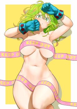 1girl absurdres anagumasan blue_gloves blush boku_no_hero_academia breasts caution_tape convenient_censoring gloves green_eyes green_hair hagakure_toru highres keep_out large_breasts long_hair looking_at_viewer messy_hair navel nude parted_lips solo thick_eyelashes thighs unusually_visible