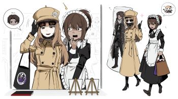 2boys 2girls absurdres apron asdf1211950 bag black_dress black_gloves black_mask body_pillow boots brown_eyes brown_hair catherine_(project_moon) coat daisy_(flower) dark-skinned_female dark_skin disguise dress erlking_heathcliff_(project_moon) flower gloves hashtag-only_commentary hat hat_flower heathcliff_(project_moon) high_heel_boots high_heels highres hindley_(project_moon) holding holding_bag jacket limbus_company maid maid_apron maid_headdress mask multiple_boys multiple_girls nelly_(project_moon) pillow project_moon speech_bubble sunglasses surprised trench_coat