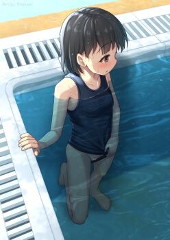 1girl arisu_kazumi arm_support bar_censor barefoot black_hair blue_one-piece_swimsuit blue_school_swimsuit blush breasts brown_eyes censored clothing_aside collarbone idolmaster idolmaster_cinderella_girls kneeling loli looking_to_the_side on_one_knee one-piece_swimsuit partially_submerged pee peeing peeing_underwater pool pussy sasaki_chie school_swimsuit short_hair small_breasts stealth_peeing swimsuit swimsuit_aside water wet