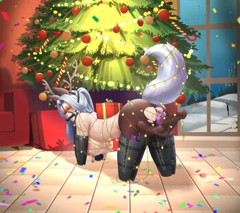 1girl absurdres all_fours anal anal_beads anal_object_insertion animal_ears antlers bdsm bit_gag black_pantyhose blindfold bondage bound breasts christmas christmas_tree confetti dildo double_penetration fake_animal_ears fake_antlers female_focus gag gagged highres horns human_dog indoors large_breasts nipple_bells nipple_piercing nipples no_bra no_panties object_insertion original pantyhose pet_play petgirl piddlefours piercing pussy reindeer_antlers restrained sex_toy solo tail topless_female torn_clothes torn_pantyhose vaginal vaginal_object_insertion vibrator white_hair yukumo_no_ki