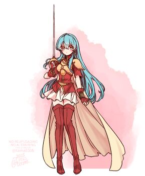 1girl 2025 armor blue_eyes blue_hair blush boots cape closed_mouth dress_shirt eirika_(fire_emblem) fire_emblem fire_emblem:_the_sacred_stones floating_hair full_body hair_between_eyes highres holding holding_sword holding_weapon leather_armor long_hair looking_at_viewer miniskirt nintendo pink_background pleated_skirt rapier red_boots red_shirt sayu030b shirt short_sleeves shoulder_armor skirt solo straight_hair sword thigh_boots thighhighs thighs twitter_username two-tone_background very_long_hair watermark weapon white_background white_cape white_skirt zettai_ryouiki