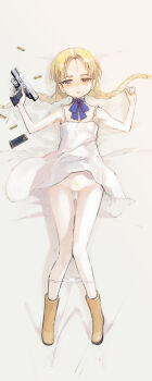 1girl blonde_hair boots braid bullet censored choker clothes_lift commentary_request dress dress_lift elsa_de_sica expressionless female_pubic_hair flat_chest full_body gun gunslinger_girl handgun highres long_hair lying magazine_(weapon) mosaic_censoring namaniku_atk on_back panties panty_pull parted_lips pubic_hair purple_eyes ribbon_choker solo twin_braids underwear weapon white_panties