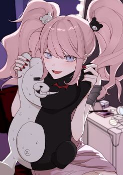 absurdres bear bear_hair_ornament big_hair blue_eyes danganronpa:_trigger_happy_havoc danganronpa_(series) enoshima_junko hair_ornament highres holding holding_stuffed_toy light_smile makeup_brush monokuma nod1 nod_(novv2a) red_nails squirming stuffed_toy twintails two-tone_fur