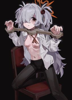 1girl a_tea absurdres bdsm black_background black_pantyhose blue_archive blush bondage bound bound_wrists bow bowtie breasts brown_eyes chair collared_shirt commentary_request female_focus grey_hair hair_over_one_eye halo highres kanoe_(blue_archive) long_hair looking_to_the_side navel nipples no_bra on_chair open_clothes pantyhose pillory red_bow red_bowtie restrained shirt simple_background small_breasts solo steel_stocks stocks stomach twintails unbuttoned unbuttoned_shirt very_long_hair white_shirt