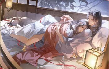 2boys aa820733 alternate_costume alternate_hairstyle bathrobe bed bed_sheet black_hair blanket blanket_grab brown_hair chinese_clothes closed_eyes closed_mouth couple cuddling hair_down hanfu holding holding_ribbon hug indoors lamp lan_wangji lantern leaf long_hair long_sleeves lying lying_on_person male_focus modao_zushi multiple_boys official_art on_back on_bed on_stomach parted_bangs parted_lips pillow red_ribbon ribbon robe sidelocks single_bare_leg sleeping socks stuffed_animal stuffed_toy tassel third-party_source tree under_covers untied_ribbon wei_wuxian white_ribbon white_robe white_socks wide_sleeves window yaoi yellow_eyes
