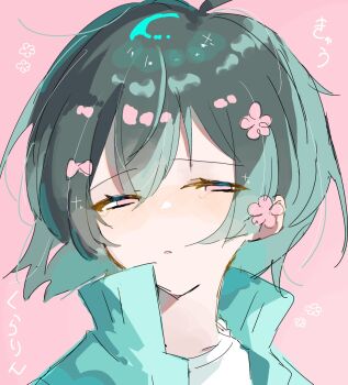 Rule 34 | 1girl, absurdres, aqua jacket, black hair, bow, close-up, commentary request, flower, hair bow, hair flower, hair ornament, half-closed eyes, highres, iyowa girls, jacket, kurari-chan (iyowa), kyu-kurarin (cevio), light blush, looking at viewer, open clothes, open jacket, parted lips, pink background, pink bow, pink eyes, pink flower, pon (4bgp4r1ajk45185), shirt, short hair, simple background, solo, sparkle, white shirt