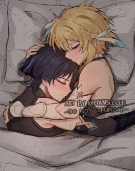 1boy 1girl arm_cutout armor bare_shoulders bed_sheet black_bodysuit black_bridal_gauntlets black_gloves black_hair black_tank_top blonde_hair blue_flower blunt_ends blush bodysuit bridal_gauntlets closed_eyes closed_mouth clothing_cutout couple detached_sleeves eyelashes eyeliner eyeshadow feather_hair_ornament feathers fingerless_gloves fingernails flower genshin_impact gloves hair_flower hair_ornament hand_on_another&#039;s_head hetero hug japanese_armor kote kurokote lumine_(genshin_impact) lying makeup meilynn-hayakan multicolored_flower multicolored_hair on_bed on_pillow on_side pillow purple_hair red_eyeliner red_eyeshadow scaramouche_(genshin_impact) short_hair short_hair_with_long_locks shoulder_blades sidelocks sleeveless sleeveless_bodysuit smile streaked_hair tank_top twitter_username under_covers vambraces wanderer_(genshin_impact) white_feathers white_flower white_sleeves