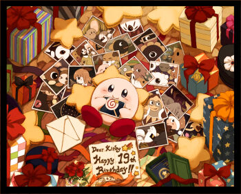 adeleine angel_wings bird birthday blue_eyes blush bow box bug butterfly candy cat chuchu_(kirby) colored_sclera coo_(kirby) cyclops dark_matter_(kirby) dark_matter_(samurai) dark_matter_blade dark_meta_knight dark_mind_(orb) dark_nebula daroach dated dew-spiegel envelope everyone fish flower food galacta_knight gift gift_box gooey_(kirby) grass hamster hat highres insect kaboola kine_(kirby) king_dedede kirby kirby_(series) kracko lalala_(kirby) lollipop lololo_(kirby) looking_at_viewer lying marx_(kirby) marx_(true_form)_(kirby) mask meta_knight mirror nago_(kirby) nightmare_(kirby) nintendo on_back one-eyed one_eye_closed paint_palette paintbrush photo_(object) pillow pitch_(kirby) red_sclera ribbon ribbon_(kirby) rick_(kirby) rose shadow_kirby smile star_(symbol) tongue tree waddle_dee waddle_doo whispy_woods wings wink zero_(kirby) zero_two_(kirby)