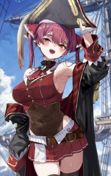 1girl :d adjusting_clothes adjusting_headwear akasaai arm_up armpits ascot belt bicorne black_choker black_coat black_hat blue_gem blue_sky blurry blurry_background breasts brooch brown_belt brown_thighhighs choker cloud coat coat_partially_removed cowboy_shot cropped_jacket day frilled_choker frills gem gloves gold_buttons gold_trim hair_ribbon hat heterochromia highres hololive houshou_marine houshou_marine_(1st_costume) jacket jewelry lace lace-trimmed_thighhighs lace_trim lapel_pin large_breasts leather_belt leotard leotard_under_clothes long_hair looking_at_viewer miniskirt official_artist_extra open_mouth outdoors pirate_hat pleated_skirt red_ascot red_coat red_eyes red_hair red_jacket red_ribbon red_skirt ribbon see-through_clothes see-through_leotard ship single_sleeve_past_fingers skirt sky sleeveless sleeveless_jacket smile solo teeth thighhighs twintails two-sided_coat two-sided_fabric upper_teeth_only virtual_youtuber watercraft white_gloves yellow_eyes