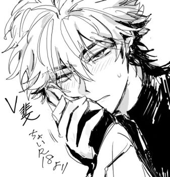 Rule 34 | 2boys, blush, commentary request, earrings, greyscale, hair between eyes, hand grab, hand on another's cheek, hand on another's face, implied yaoi, jewelry, looking at viewer, male focus, monochrome, multicolored hair, multiple boys, out of frame, shiguang dailiren, shirt, short hair, simple background, sketch, solo focus, sweatdrop, turtleneck, two-tone hair, tyoookozuki, upper body, white background, xia fei