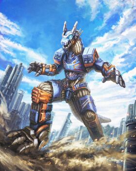blue_eyes blue_sky cityscape contrapposto earth_garon highres mecha mecha_focus mechanical_arms no_humans open_hands open_mouth outstretched_arms robot robuja sky spread_arms stomping tail ultra_series ultraman_blazar_(series)