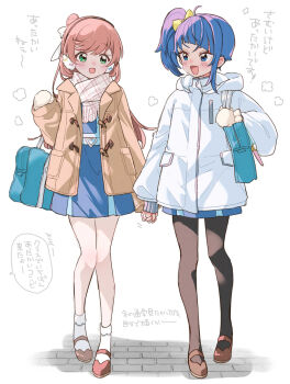 2girls alternate_costume bag belt black_pantyhose blue_belt blue_eyes blue_hair blue_skirt bobby_socks bow brick_floor brown_coat brown_shoes buckle carrying coat commentary cut_bangs earmuffs fringe_trim green_eyes hair_bow hair_bun hair_ribbon heart heart-shaped_buckle highres hirogaru_sky!_precure holding_hands hood hood_down hooded_coat izumi_kirifu long_hair long_sleeves looking_at_another mary_janes medium_hair miniskirt mirage_pen mittens multiple_girls nijigaoka_mashiro open_clothes open_coat open_mouth pantyhose pink_hair pleated_skirt precure ribbon scarf school_bag school_uniform shared_mittens shoes side_ponytail single_hair_bun single_sidelock skirt smile socks sora_harewataru sorashido_academy_school_uniform translated walking white_background white_coat white_mittens white_ribbon white_scarf white_socks winter_clothes winter_uniform yellow_bow
