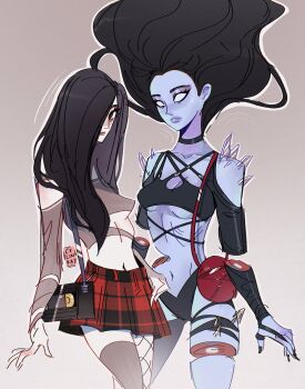 2girls bag black_hair blue_skin breasts choker colored_skin crossover dead_by_daylight hair_over_one_eye handbag highres multiple_girls skirt the_ring the_spirit_(dead_by_daylight) thighhighs yamamura_sadako