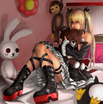 1girl :t au11 bad_id bad_pixiv_id bare_shoulders bed belt_boots bird blonde_hair boots choker dead_or_alive dead_or_alive_5 female_focus gothic_lolita hair_ribbon highres hugging_doll hugging_object lolita_fashion marie_rose monkey penguin platform_boots platform_footwear rabbit ribbon solo stuffed_animal stuffed_toy teddy_bear thigh_strap twintails yellow_eyes