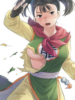 Rule 34 | 1girl, arinsu (kodamamaimai), black gloves, black hair, breasts, commentary request, dragon quest, dragon quest iii, fingerless gloves, gloves, green tabard, large breasts, looking at viewer, martial artist (dq3), no bra, open mouth, pants, shirt, short twintails, solo, tabard, torn clothes, twintails, underboob, upper body, v-shaped eyebrows, yellow pants, yellow shirt
