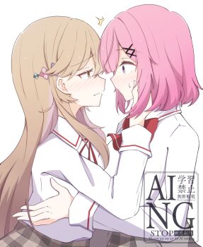 Rule 34 | 2girls, amaori renako, ashigaya high school uniform, bow, bowtie, brown eyes, brown hair, collared shirt, commentary, eye contact, grey skirt, hand on another's face, hand on another's waist, highres, looking at another, medium hair, multiple girls, pink hair, plaid clothes, plaid skirt, purple eyes, red bow, red bowtie, school uniform, sena ajisai, shirt, simple background, skirt, watashi ga koibito ni nareru wake naijan murimuri!, watermark, white background, white shirt, yuri, zero 3b