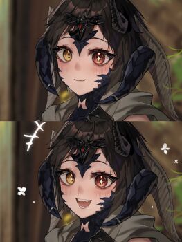 1girl absurdres au_ra blush breasts brown_hair cleavage close-up closed_mouth demon_horns dragon_horns dragon_tail final_fantasy final_fantasy_xiv heterochromia highres horn_ornament horn_ring horns looking_at_viewer medium_breasts morisenlin multiple_horns open_mouth red_eyes scales short_hair smile split_screen tail teeth upper_body warrior_of_light_(ff14) yellow_eyes