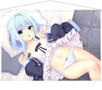 1girl :d bare_shoulders black_bow black_jacket blue_bow blush bow bow_panties clothes_lift dress dress_bow dress_lift dutch_angle eyes_visible_through_hair feet_out_of_frame frilled_dress frills green_eyes hair_between_eyes hair_bow hair_intakes half_updo hamidashi_creative hands_up head_on_pillow highres jacket looking_at_viewer lying medium_hair navel nishiki_asumi official_art on_back on_bed open_clothes open_jacket open_mouth panties pillow sidelocks sleeveless sleeveless_dress sleeves_past_wrists smile solo stomach straight_hair strap_slip thighs transparent_background underwear utsunomiya_tsumire white_dress white_panties