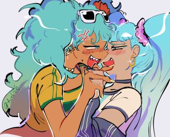 2girls alternate_form aqua_eyes aqua_hair argentinian_flag argentinian_flag_print argentinian_miku aurelinovs blue_shorts brazilian_flag brazilian_flag_print brazilian_miku breasts bright_pupils dark-skinned_female dark_skin ear_piercing eyewear_on_head face-to-face fingernails flag_print flower flower_on_head hair_flower hair_ornament hatsune_miku highres long_hair looking_at_another multiple_girls piercing sexually_suggestive shirt shorts simple_background smug sunglasses sunglasses_on_head tan tongue twintails undressing upper_body very_long_hair vocaloid white-framed_eyewear white_pupils yellow_shirt