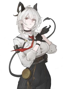 1girl absurdres adjusting_clothes adjusting_gloves arm_pouch belt belt_pouch black_choker black_gloves black_horns black_pants breasts button_gap chest_harness chinese_commentary choker closed_mouth commentary_request cowboy_shot curled_horns demon_tail earrings gloves harness high-waist_pants highres horns jewelry key_earrings large_breasts looking_at_viewer necktie pants pouch red_necktie shijiechu shirt simple_background single_earring solo tail white_background white_hair white_shirt wuthering_waves zani_(wuthering_waves)