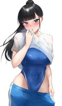 1girl black_hair blue_eyes blue_one-piece_swimsuit blue_pants blunt_bangs blush breasts clothes_lift commentary_request competition_swimsuit covered_navel highleg highleg_one-piece_swimsuit highres large_breasts long_hair nori_aji nose_blush one-piece_swimsuit original pants shirt shirt_lift simple_background solo swimsuit swimsuit_under_clothes undressing white_background white_shirt