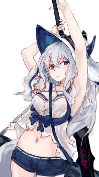 1girl :/ absurdres arknights arm_up armpits arms_up blue_bow blue_hat blue_shorts bow breasts cleavage commentary cowboy_shot crop_top dot_nose expressionless gaizuu grey_hair hat highres holding holding_sword holding_weapon long_hair medium_breasts micro_shorts midriff navel off-shoulder_shirt off_shoulder official_alternate_costume red_eyes shirt short_shorts shorts simple_background skadi_(arknights) skadi_(waverider)_(arknights) solo stomach sword two-sided_fabric two-sided_headwear very_long_hair weapon white_background white_hat