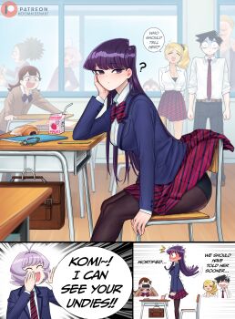 1other 2boys 3girls ? absurdres agari_himiko black_hair black_pantyhose blonde_hair bow bowtie brown_cardigan brown_hair cardigan chair classroom commentary desk diagonal-striped_bow diagonal-striped_bowtie diagonal-striped_clothes diagonal-striped_skirt dismaiden drink_carton english_commentary english_text food green_hair highres holding holding_phone itan_private_high_school_uniform katai_makoto komi-san_wa_komyushou_desu komi_shouko manbagi_rumiko milk_carton multiple_boys multiple_girls osana_najimi_(komi-san_wa_komyushou_desu) panties panties_under_pantyhose panties_visible_through_clothes pantyhose phone purple_eyes purple_hair red_bow red_bowtie red_skirt school_chair school_desk school_uniform sitting skirt speech_bubble strawberry_milk striped_bow striped_bowtie striped_clothes tadano_hitohito underwear window yamai_ren