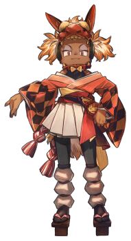 1girl artist_request bandai_namco bare_shoulders black_leggings black_shirt black_socks bow brown_fur brown_sandals brown_tail checkered_print checkered_sleeves closed_mouth dragon_hat eyeliner food fruit full_body furry furry_female geta gourd hakama hakama_skirt hand_on_own_hip hat hat_bow impasto japanese_clothes kimono leggings legs_apart long_sleeves looking_at_viewer makeup mutsumi_(towa_and_the_guardians_of_the_sacred_tree) no_humans obi obiage official_art open_hand orange_(fruit) orange_eyes orange_hair orange_kimono orange_sleeves orange_slice pleated_skirt print_sleeves purple_eyeliner red_hat red_sash sandals sash second-party_source shirt short_hair simple_background skirt sleeveless sleeveless_shirt smile socks solo standing tabi tassel tengu-geta towa_and_the_guardians_of_the_sacred_tree white_hair white_hakama white_skirt wide_sleeves yellow_bow