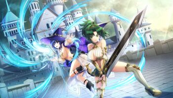2girls :o armor armpits ass bikini_armor blue_eyes blue_hair book breasts bridge cape castle cleavage closed_mouth cross-laced_bra crystal detached_sleeves dolphin_wave fantasy fighting game_cg garter_straps gauntlets gladiator green_eyes green_skirt grey_hair grimoire harunami_anri hat high_heels highres holding holding_sword holding_weapon huge_weapon large_breasts looking_at_viewer magic medium_hair microskirt midair multiple_girls navel non-web_source official_art ootomo_takuji open_mouth ponytail purple_cape revealing_clothes short_hair sideboob single_garter_strap skindentation skirt smile standing standing_on_one_leg starry_sky_print sword thighhighs tojou_michiru two-tone_cape weapon white_cape wind wizard wizard_hat