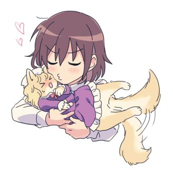 Rule 34 | > <, 2girls, :3, animal, animal ears, animal hug, animalization, blush, bow, bowtie, brown hair, cat ears, cat tail, closed eyes, collared shirt, dress, embarrassed, frilled dress, frills, hair between eyes, hat, heart, hug, imminent kiss, long sleeves, maribel hearn, mob cap, multiple girls, no headwear, open mouth, purple dress, re ghotion, red bow, red bowtie, shirt, short hair, simple background, sweat, tail, tail wagging, touhou, usami renko, white background, white hat, white shirt