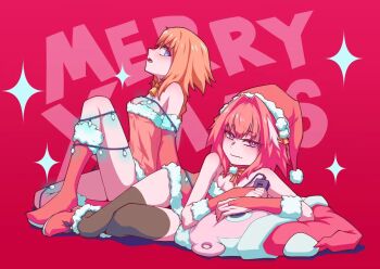 Rule 34 | 1boy, 1girl, astolfo (fate), blonde hair, blue eyes, bound, breasts, bridal gauntlets, christmas lights, cleavage, dress, english text, fate/grand order, fate (series), fur trim, hat, hej 510, jeanne d'arc (fate), looking at viewer, lying, medium breasts, mistletoe, on side, pink eyes, pink hair, santa costume, santa dress, santa hat, simple background, skindentation, stuffed animal, stuffed toy, thighhighs, trap