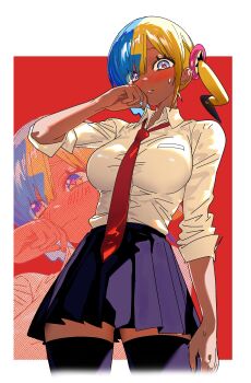 1girl 5oh5s2 absurdres aqua_hair black_thighhighs blonde_hair blue_eyes blush breasts canari_(pokemon) closed_mouth collared_shirt dark-skinned_female dark_skin highres large_breasts looking_at_viewer multicolored_hair necktie nintendo parted_lips pleated_skirt pokemon pokemon_legends:_z-a red_necktie shirt short_twintails skirt sleeves_rolled_up split-color_hair sweatdrop thighhighs twintails two-tone_hair white_shirt zoom_layer