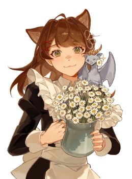 1girl :3 ahoge animal animal_ears animal_on_shoulder apron bat_(animal) black_dress brown_eyes brown_hair brown_ribbon closed_mouth cocoa_(shinyshynii) commentary dress dress_over_shirt english_commentary floating_hair flower flower_request frilled_apron frills hair_intakes hair_ribbon highres holding_vase horns juliet_sleeves long_sleeves looking_at_viewer medium_hair original puffy_sleeves ribbon shinyshynii shirt simple_background smile swept_bangs upper_body vase white_apron white_background white_shirt white_wrist_cuffs wolf_ears wolf_girl wrist_cuffs