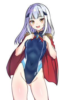 1girl absurdres akua_(akua326326326) blush breasts cloak commentary_request competition_swimsuit cowboy_shot gluteal_fold grey_hair hands_on_own_chest highres long_hair one-piece_swimsuit open_mouth original small_breasts solo swimsuit swirl very_long_hair white_background yellow_eyes